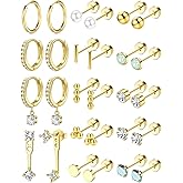 Nunpag 10 & 14 Pairs Hypoallergenic 14K Gold Plated Flat Back Earrings Hoops for Women CZ Stone Pearl Opal Studs Huggie Hoops Earrings Stainless Steel Cartilage Jewelry Gift for Sensitive Ear