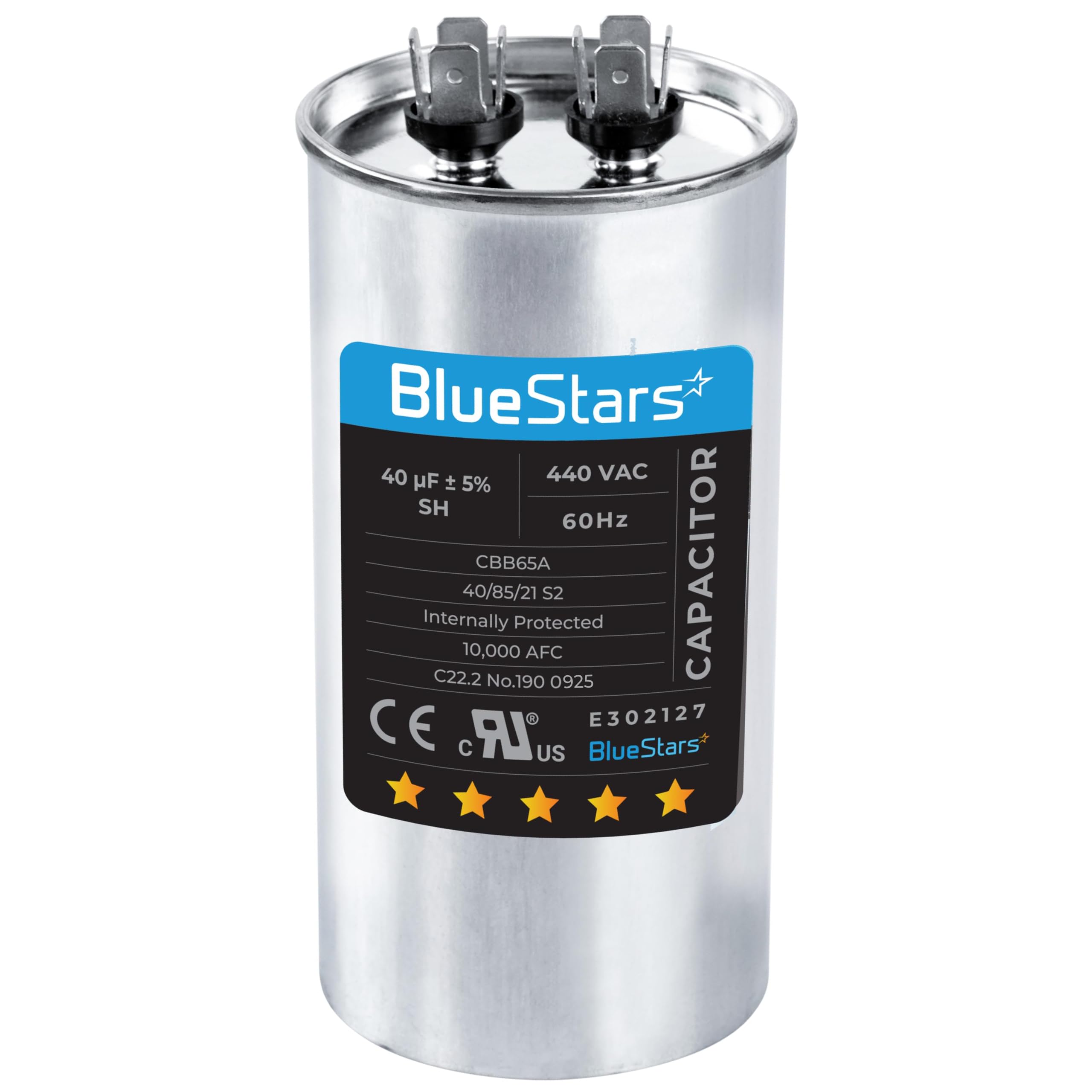 Photo 1 of [UL Listed] BlueStars 40 uF MFD 370-440 VAC Volts CBB65A Round Run Start Capacitor - for AC Motor Run or Fan Start Cool Heat Pump Air Conditioner or Condenser Straight - Lifetime up to 30,000 Hours