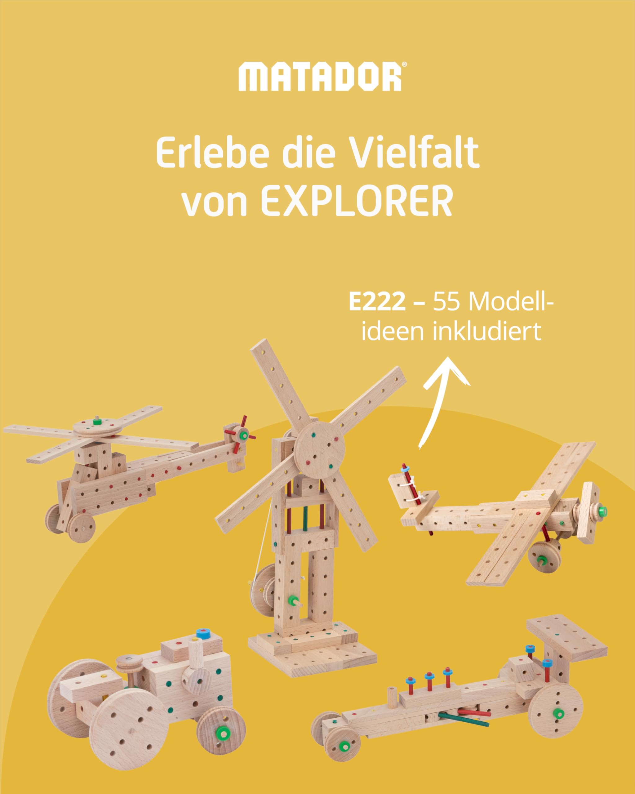 Matador Kinder Baukasten ab 5 Jahren 318-tlg. - Spannendes Holz Konstruktionsspielzeug zur Schulung von Kreativität und Feinmotorik, Bauspielzeug mit Stäbchen, Klötzen, Hammer & Zange 5