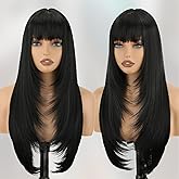 NOVFLKW Black Long Straight Layered Wig with Bangs for Women 26 inch Put on Go Realistic Synthetic Heat Resistant Natural Wig for Girls Party Cosplay and Daily Use