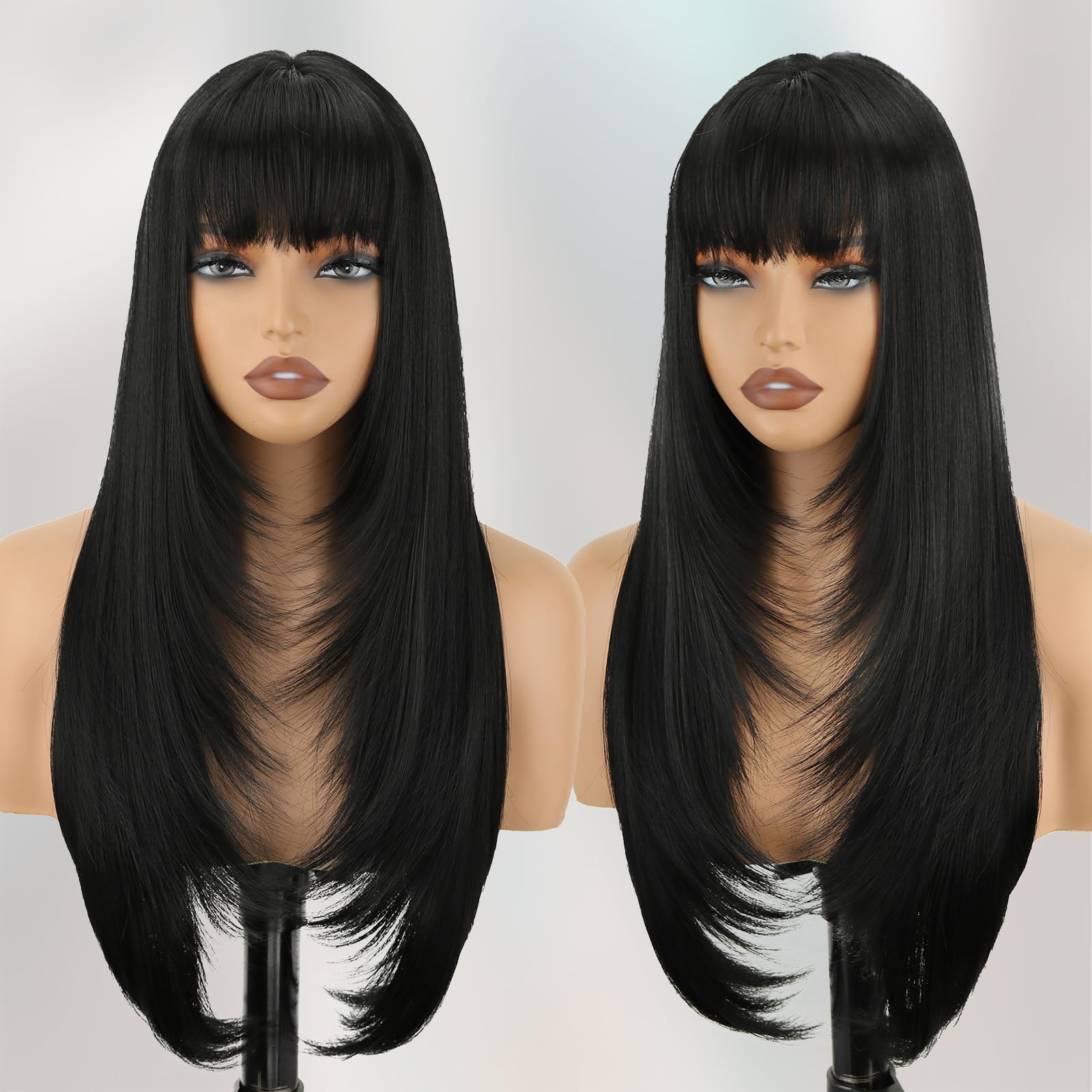 Photo 1 of Black Long Straight Layered Wig with Bangs for Women 26 inch Put on Go Realistic Synthetic Fiber Heat Resistant Natural Wig for Girls Party Cosplay and Daily Use