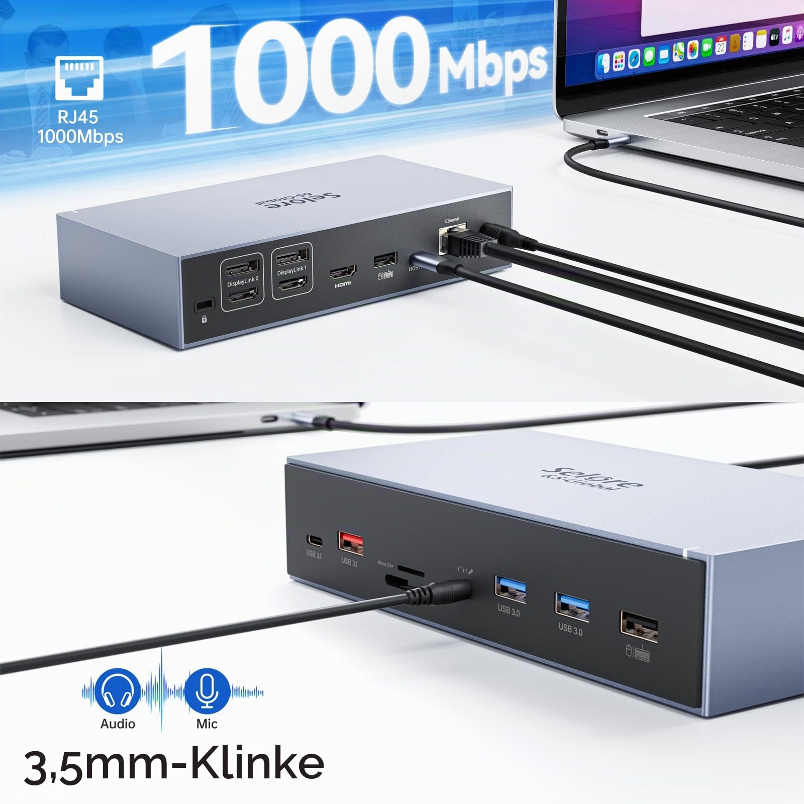 Displaylink Dock USB C Docking Station 3 HDMI 2 DP Universal Dockingstation 120W Netzteil kompatibel mit MacBook M1/M2,USB3.1 10G Adapter Triple Monitor Dual DisplayPort RJ45 für HP Dell, usw 7