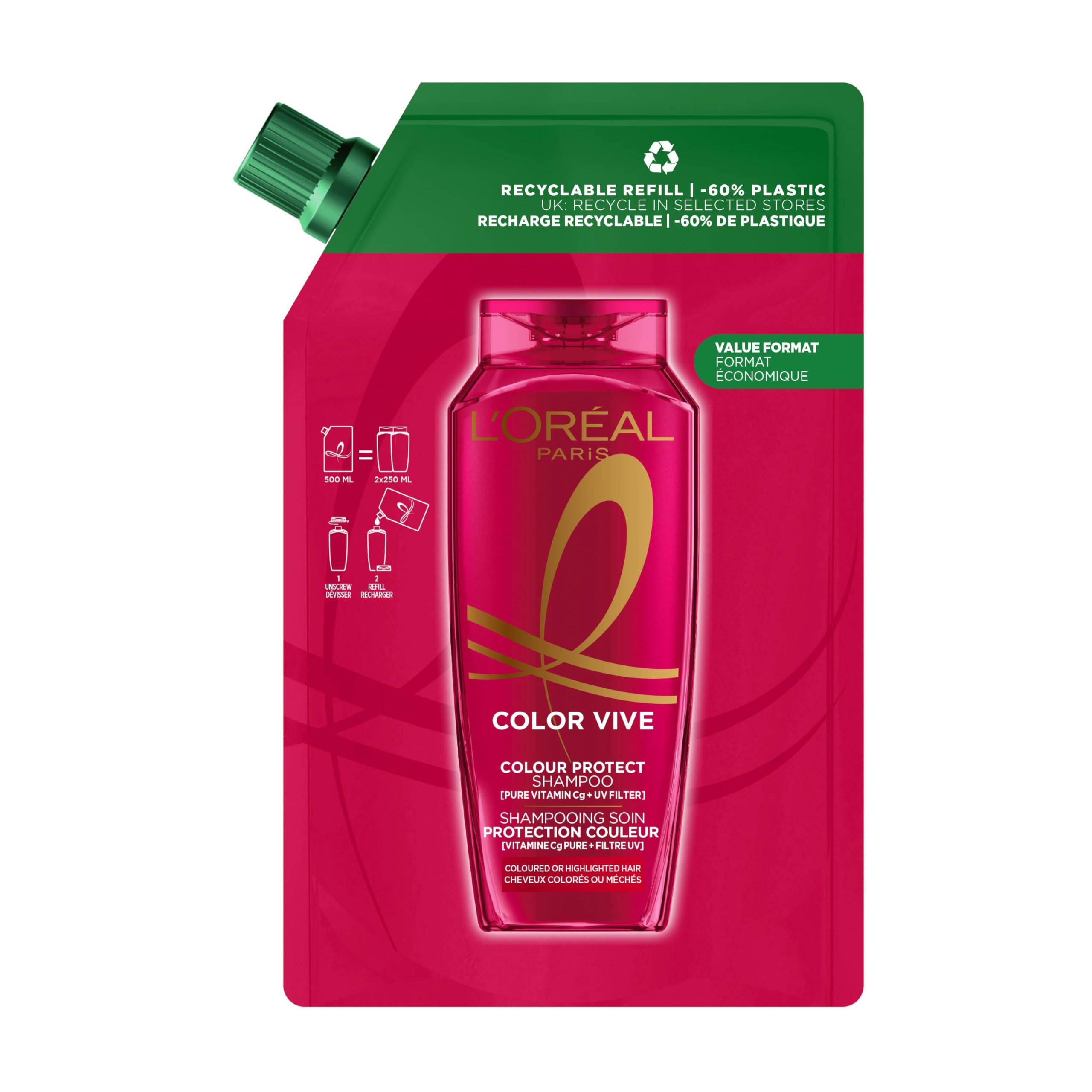 L'Oréal Paris Shampoo For Coloured Hair, Elvive Colour Protect Refill Pouch With Vitamin Cg And UV Filters, Preserves Colour Intensity And Radiance, -60% Plastic Waste Compared To Bottles, 500ml