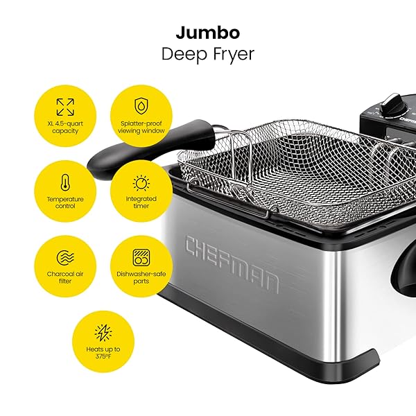 CHEFMAN 4.5 LITER DEEP FRYER W/BASKET STRAINER, XL JUMBO SIZE, ADJUSTABLE TEMPERATURE & TIMER, PERFECT FOR FRIED CHICKEN, SHRIMP, FRENCH FRIES, CHIPS & MORE, REMOVABLE OIL-CONTAINER, STAINLESS STEEL