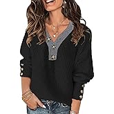 Soesdemo Oversized Sweaters for Women Warm Cozy Chunky Soft Casual Knitted V Neck Button Down Pullover Tunic Sweaters