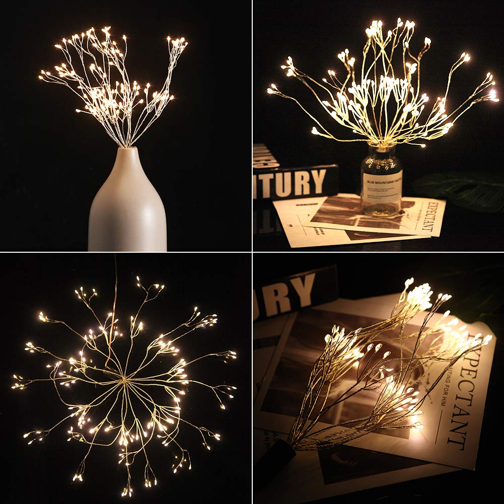 VSTYLE Firework Lights, Bendable 120 LED Decorative Fireworks Lamps with 8 Flashing Modes Copper Wire Lights USB/AA Charging Portable Exploding Star Copper Wire Lamp