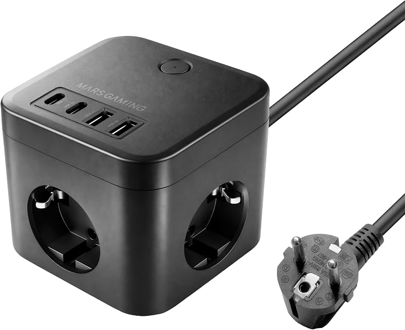 MD-CUBE35, Powercube Multifunção Compacto, 3 Soquetes SCHUKO + 2 USB-C + 2 USB-A, Carregamento Rápido PD 35W, Tecnologia GAN, Cabo 1,8m, Botão ON/Desliga e Indicador LED, 9 Proteções, Preto