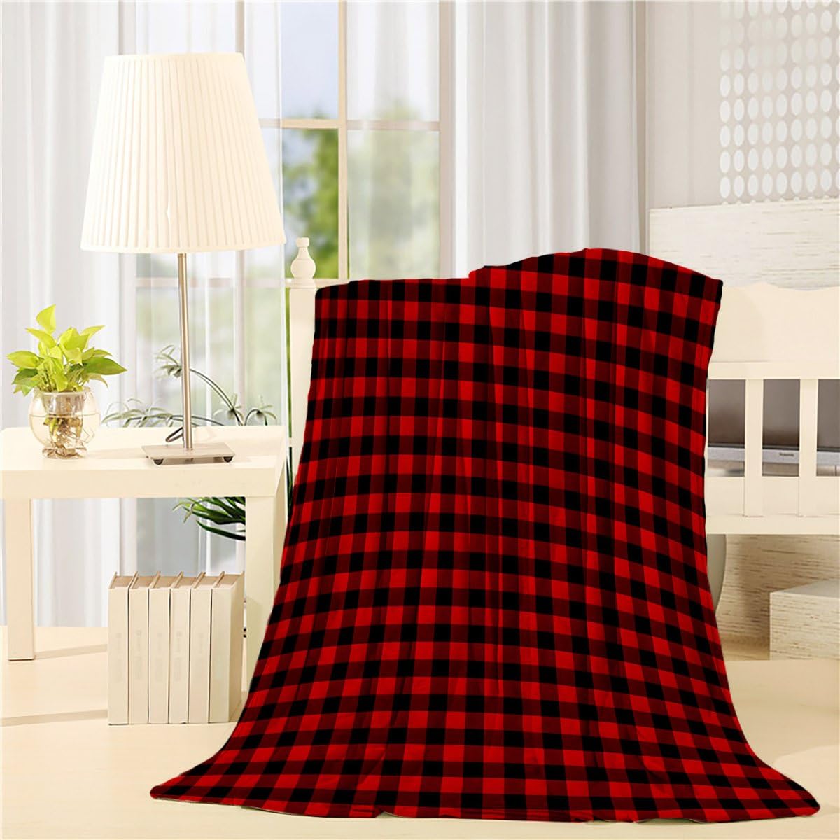 Flannel Fleece Bed Blanket 60 x 80 inch Classic Throw Blanket Lightweight Cozy Plush Blanket for Bedroom Living Rooms Sofa Couch - Red Black Geometric Grid
