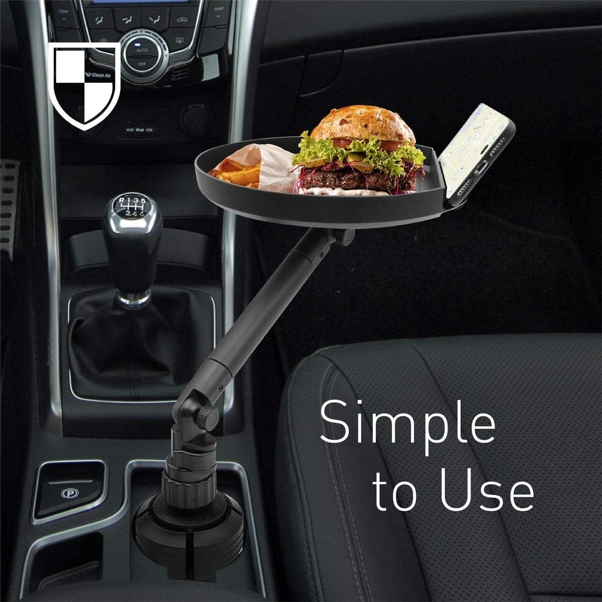 Macally Cup Holder Tray for Car - Enjoy Your Meal and Stay Organized - Adjustable Car Tray Table with 9" Surface, Phone Slot, and 360° Swivel Arm - Car Food Table for Cup Holders 3" to 4.1" Wide