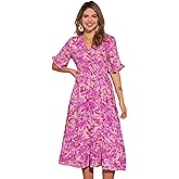 Allegra K Floral Dress for Women's 2025 Summer Casual Ruffled Hem Wrap Short Sleeve Easter Midi Dress