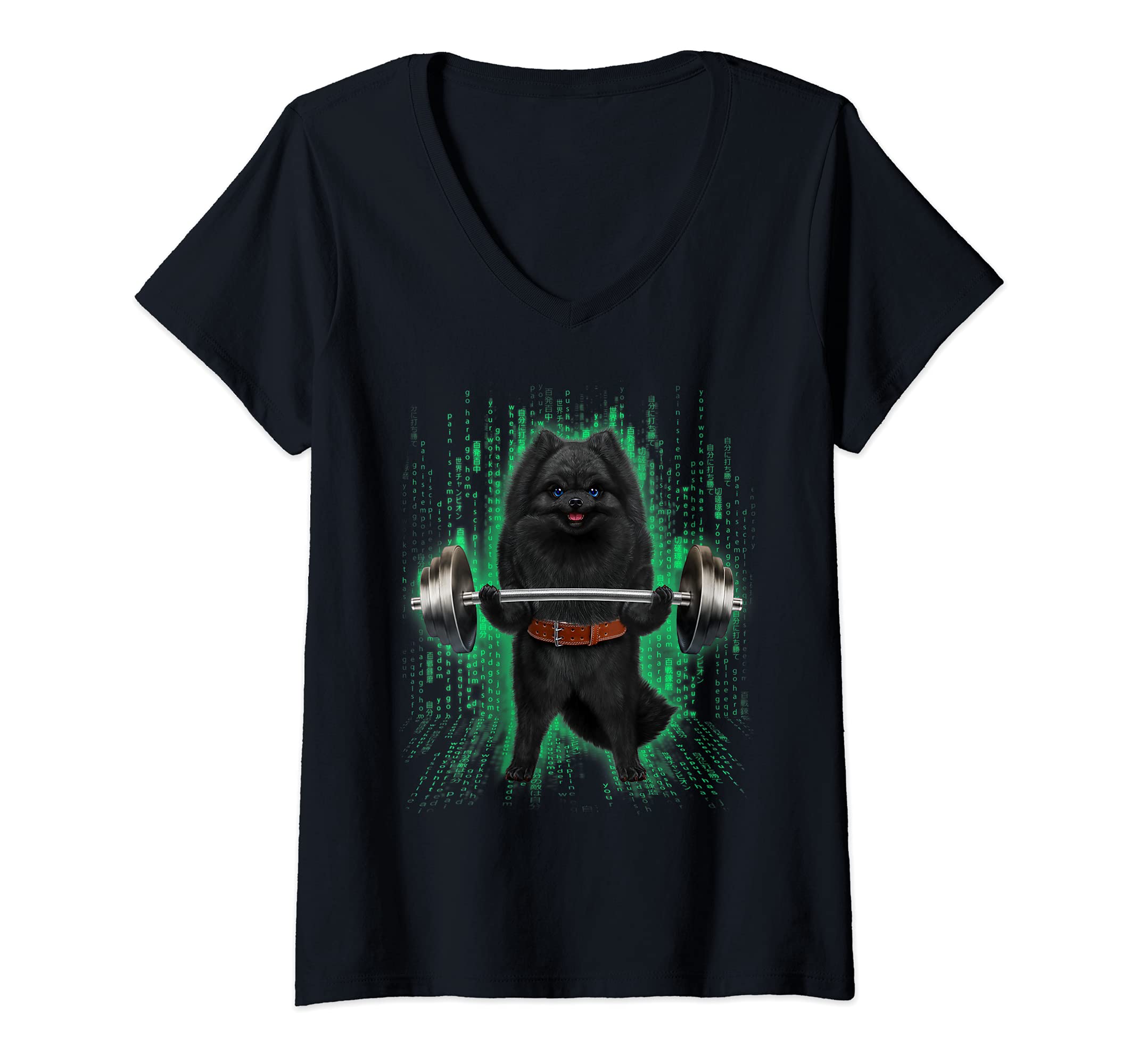 Womens Black Pomeranian Dog Weightlifting in Cyber Fitness Gym V-Neck T-Shirt