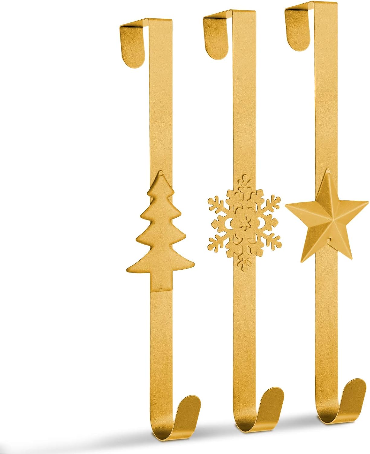 Wreath Hangers - Whaline 3Pccs Christmas Wreath Hanger Over The Door Metal Wreath Hook Star Christmas Tree Snowflake Hook for Xmas Party Decor Door Wall Home Office, Gold, 15in