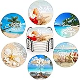 Britimes Coaster for Drinks Set of 6, Tropical Beach Landscape Caribbean Absorbent Round Ceramic Stone Mat, with Cork Base and Metal Holder, Gift for Housewarming Room Bar Decor