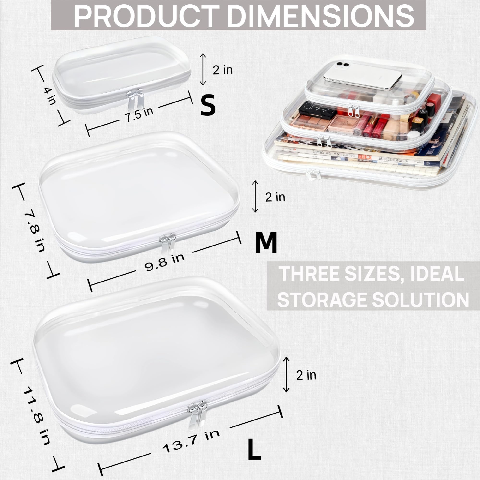 Condition photo showing New/Like New for pgaxm 3pcs clear hard plastic zipper case, double zippers hard pouch, portable travel organizer bin