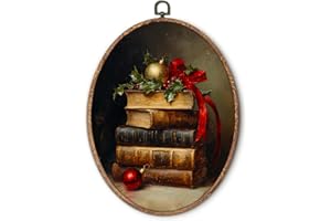 Hxlac Dark Academia Christmas Book Oval Wall Art Framed, Vintage Winter Christmas Oval Wall Decor, Cottagecore Bookish Hanging Canvas Prints Wall Sculptures for Home Reading Room Decor, 8.5x11.5 Inch