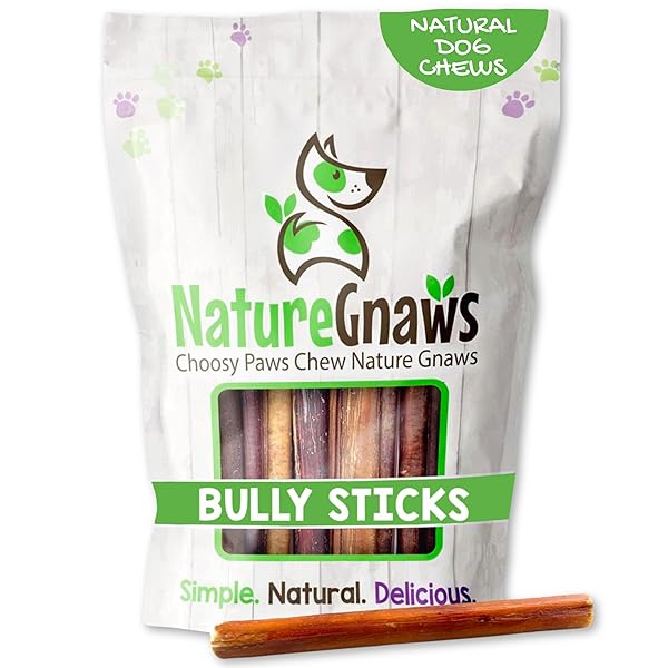 NATURE GNAWS SMALL BULLY STICKS FOR DOGS 5-6″ (25 COUNT) – LONG LASTING FOR LIGHT CHEWERS AND PUPPIES – NATURAL THIN BEEF DOG CHEW BONES – RAWHIDE FREE