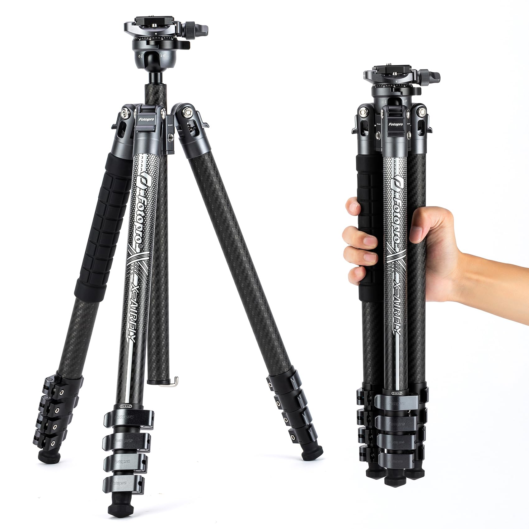 Fotopro X-Airfly 63 Inch Lightweight Travel Camera Tripod with Panoramic Ball Head 2.51lb Expandable Compact Portable Professional Carbon Fiber Tripod for Camera DSLR Load up to 33lb Grey
