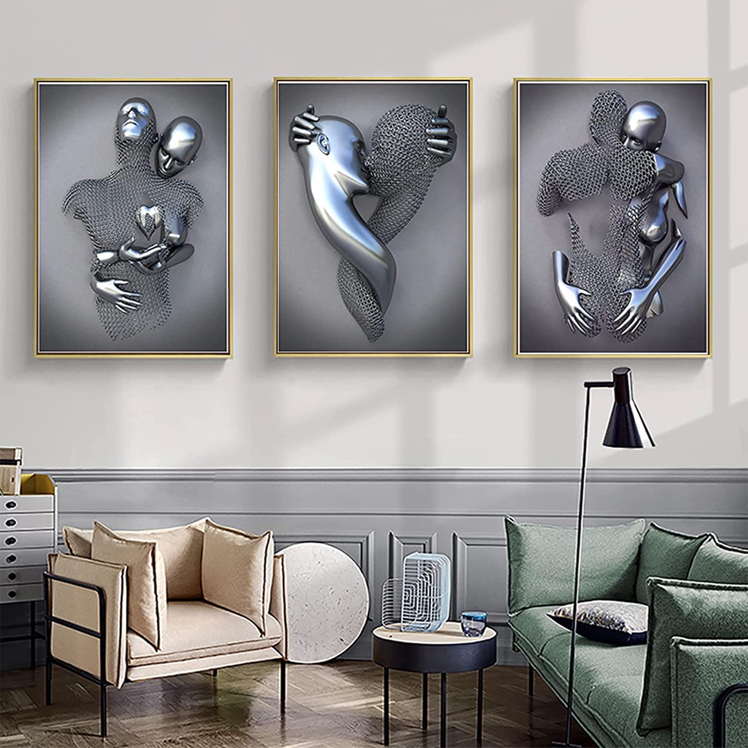 3D Metal Figure Statue Art Love Heart Kiss Pictures Wall Art Living Room Wall Decoration - Without Frame (Poster 01.60 x 80 cm x 3)