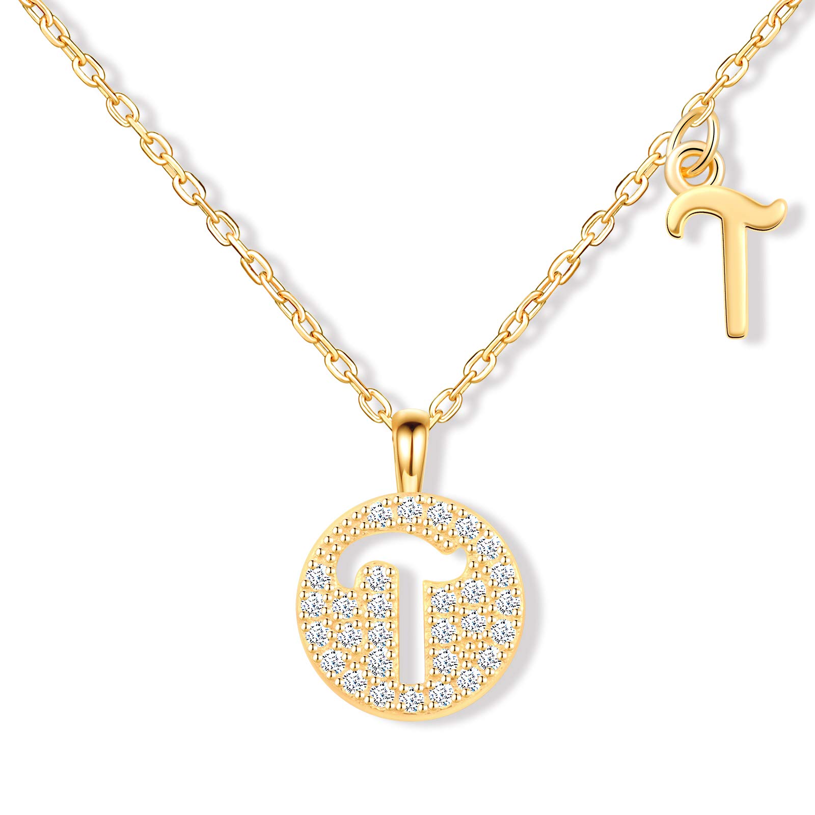 MicLee Women's girl's Necklace pendant, 925 Sterling Silver necklace, Fashion letter diamond necklace, Gold the letter T necklace pendant, Inlaid zircon, beautiful and shining pendant