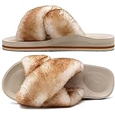 COFACE Womens Fuzzy Slides Fluff Faux Fur Cross Slippers Open Toe Yoga Mat House Slipper Sandals With Arch Support For Indoor/Outdoor