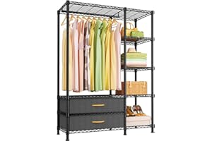 Ulif F3 Heavy Duty Clothes Rack（With Fabric Drawers）Freestanding Clothing Racks for Hanging Clothes，Adjustable Closet Organizer System，Portable Garment Rack 40" W x 15" D x 72" H，Max Load 700LBS，Black