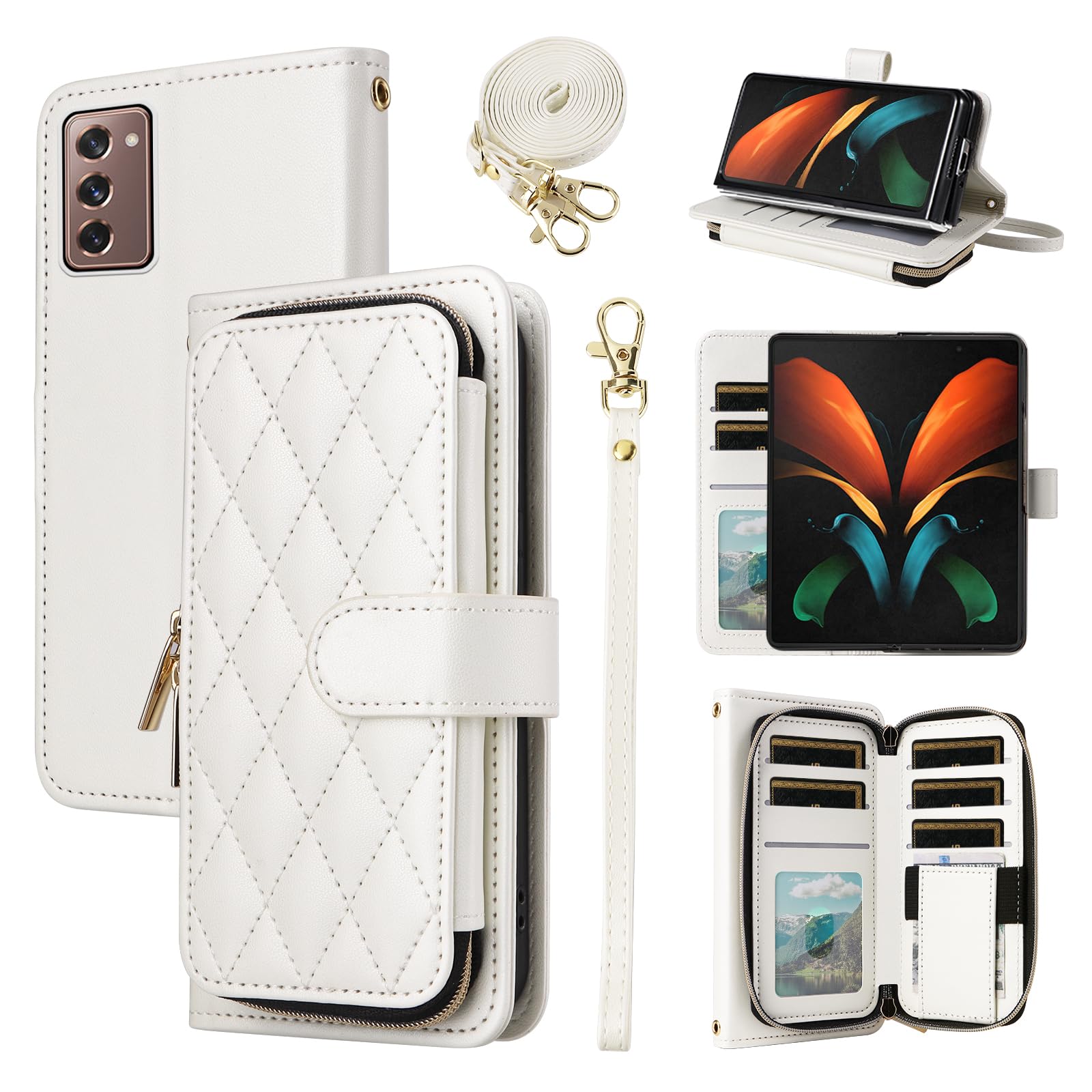 Photo 1 of Furiet Argyle Wallet Case for Samsung Galaxy Z Fold 2 5G 2020 with Wrist Strap Shoulder Strap 9 Card Slot Zipper Purse Luxury PU Leather Stand Cell Phone Cover for ZFold2 Z2 Fold2 ZFold25G White