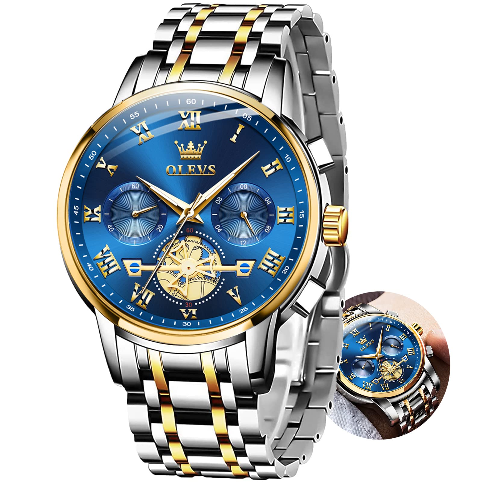 OLEVS Watches for Men with Date Luxury Big Face Waterproof Mens Wristwatch Analog Dress Two Tone Stainless Steel Man Watch Luminous Relojes De Hombre Calendar(Green/Blue/Black Dial