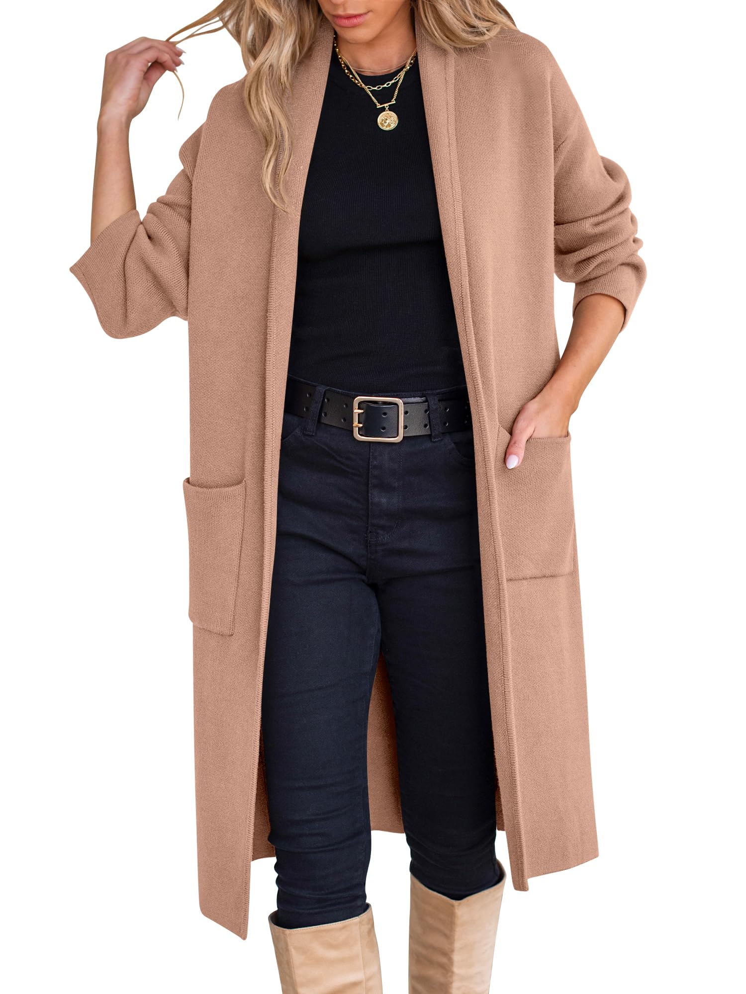 Photo 1 of ANRABESS Women's Cardigan Long Sweater Oversized Open Front Knit Coatigan Duster Coat 2025 Trendy Fall Outfits Outerwear Light Camel Small