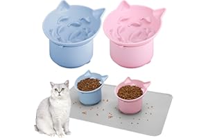 Guiqulai 2 Pack Pink, Blue Slow Feeder for Cat Bowls, Silicone Tilted Raised Pet Bowl with Non Slip Base for Digestion Anti Vomit
