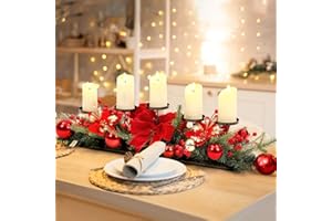Funnymoom Christmas Tabletop Centerpiece 30 Inch Christmas Poinsettia Candle Holder with 5 Candle Artificial Table Decorations with Red Berries Gold Plants(Bowknot)