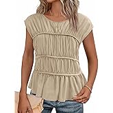 Cicy Bell Womens Cap Sleeve Peplum Tank Tops Summer Babydoll Smocked Cotton Shirts Casual Crew Neck Pleated Blouse