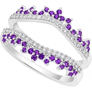 925 Sterling Silver Created Amethyst and White Diamond Ring Enhancer, Vintage Tiara Crown Curved Multi Row Purple Wedding Ban