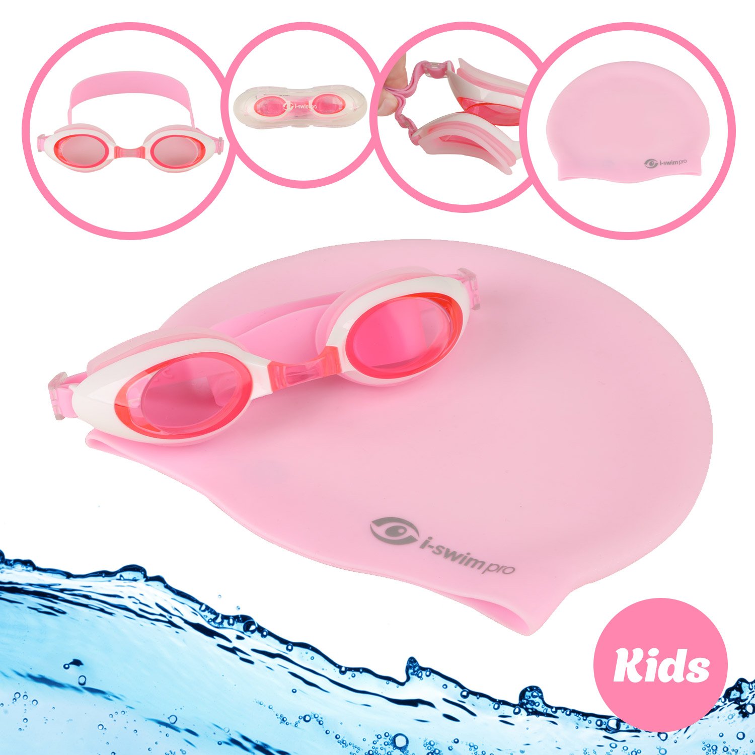 i-Swim Pro Kids Swim Goggles and Swimming Cap, Long Life Durability with Guarantee, Watertight, Easy Adjustable Straps, Comfortable Fit