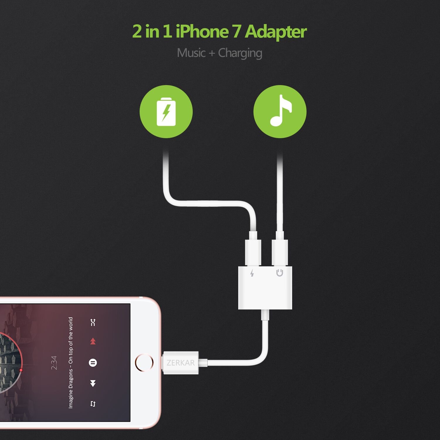 ZERKAR 99 Lightning Headphones for iPhone 8/7, Audio Adapter, Earphone, Support IOS 11, Charge Splitter 3.5 mm Jack Headphone and Charge - White