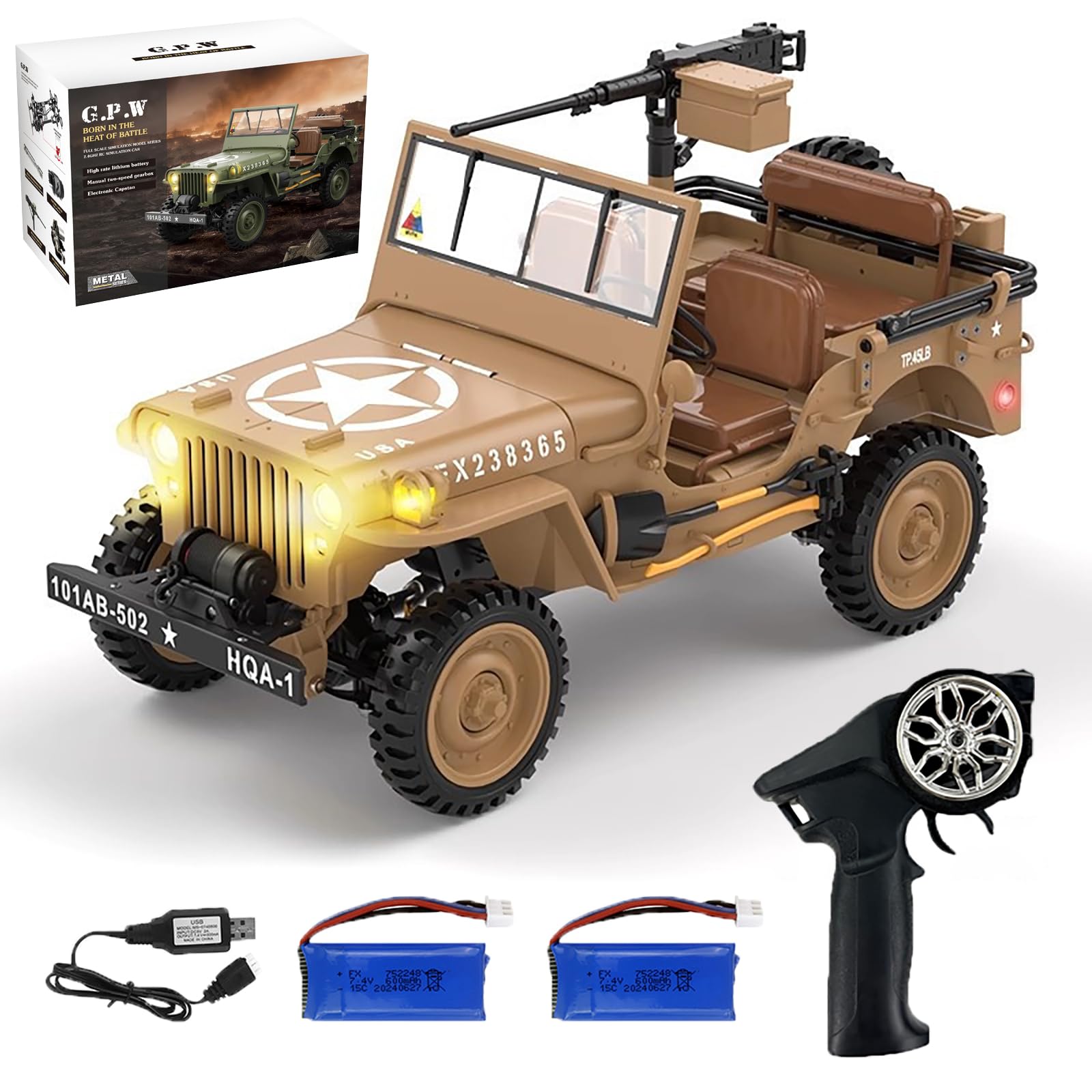 Hylukon 1:14 Scale Military Remote Control Car RC Crawler, 2.4G 4WD Off-Road Jeep RC Truck with LED Lights and Sound Effects, Rock Climbing Vehicle for Teens Adults (Yellow 2 Batteries)