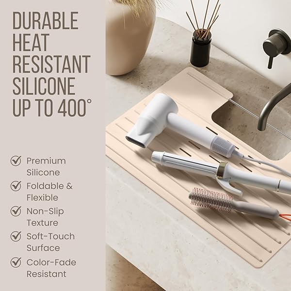 MAPLEFIELD BATHROOM SINK COVER FOR COUNTER SPACE, HEAT RESISTANT SILICONE SINK MAT FOR YOUR BEAUTY ROUTINE, SMALL BATHROOM SPACE SAVER SINK COVER FOR MAKEUP (BEIGE LARGE, 22 X 2 X 2 INCHES)