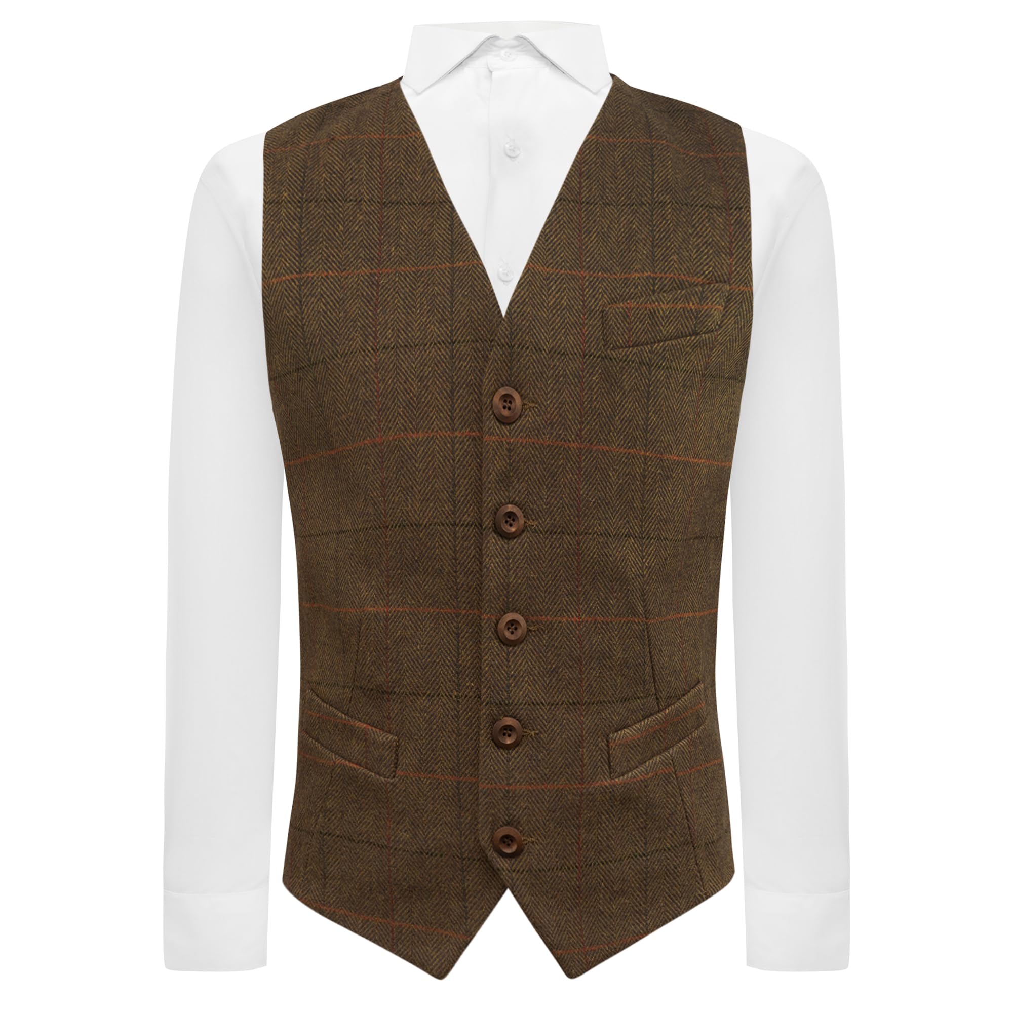 King & Priory Luxury Dijon Brown Herringbone Check Waistcoat, Tweed (as8, alpha, 3x_l, regular, regular)