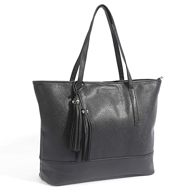 MICOM Women Large Tote Bags - Tassels Purse Vegan Leather Top Handle Satchel Handbags, Striped Bottom (Black)