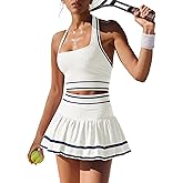 ReachMe Womens Two Piece Tennis Skirt Set 2 Piece Golf Outfits Halter Top and Mini Skorts Matching Workout Sets