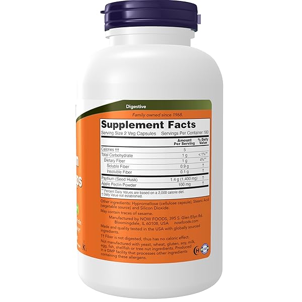 NOW FOODS SUPPLEMENTS, PSYLLIUM HUSK CAPS 700 MG WITH 50 MG OF APPLE PECTIN, INTESTINAL HEALTH*, 360 VEG CAPSULES