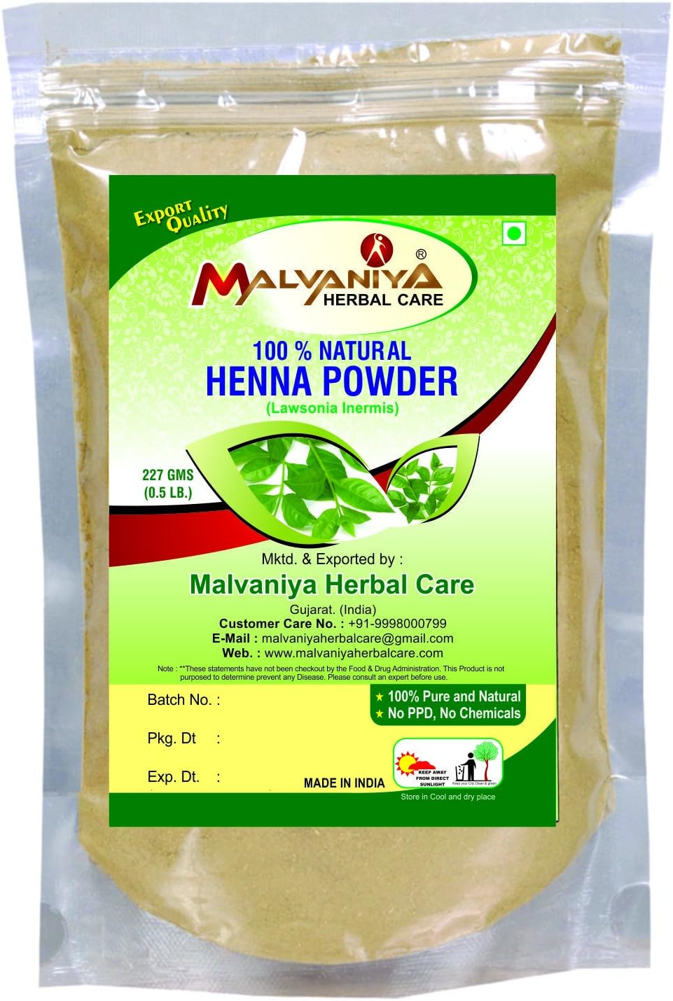 Natural Henna Powder/Lawsonia Inermis by Malvaniya Herbal Care, (227 gm (0.50 lb) 8ounces)