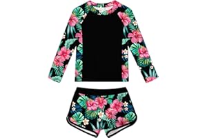 Idgreatim Girls Rash Guard Swimsuit Teens Two Piece Bathing Suit Long Sleeve Swimwear Size 7-16T