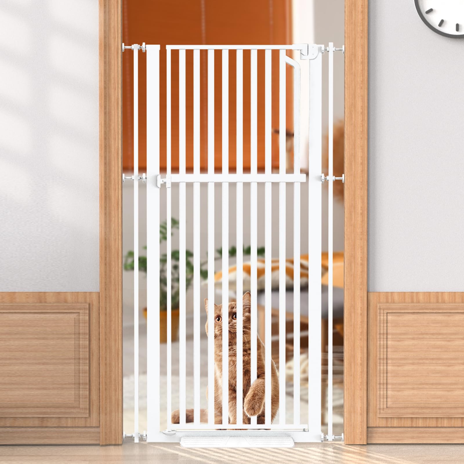 Photo 1 of Senneny 63” Extra Tall Cat Gate Auto Close & One-Hand Open, No Drilling Pressure Mounted Kits and Wall Mounted Kits, Metal Pet Gate Fits Openings 29.5” to 33.4” Wide, White