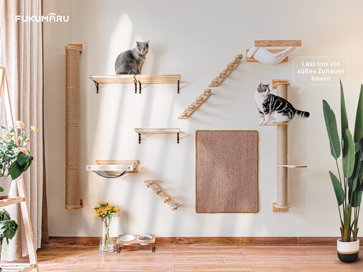 FUKUMARU Kletterwand Katzen, Großes Katzenregal zur Wandmontage, aus massivem Gummibaumholz, Katzenhängematte Wand zum Schlafen, Spielen, Tragkraft bis 18 kg, Weißes Flanellmaterial 7