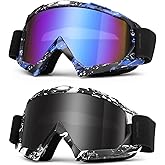 Micnaron Dirt Bike Goggles, 2-Pack Ski Goggles and ATV Goggles for Motorcycle, MX, Powersport - Men, Women, Adult, Youth Riding Racing (Grey + Blue)
