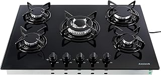 Arebos Gaskochfeld 5 Brenner/Glaskeramik/Mit Zündischerung/Autark/Geeignet für Erdgas oder Propangas