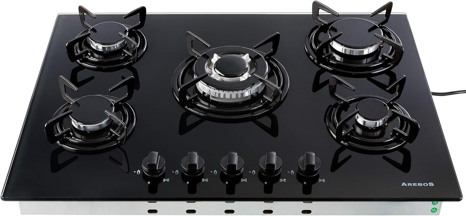 Arebos Gaskochfeld 5 Brenner/Glaskeramik/Mit Zündischerung/Autark/Geeignet für Erdgas oder Propangas