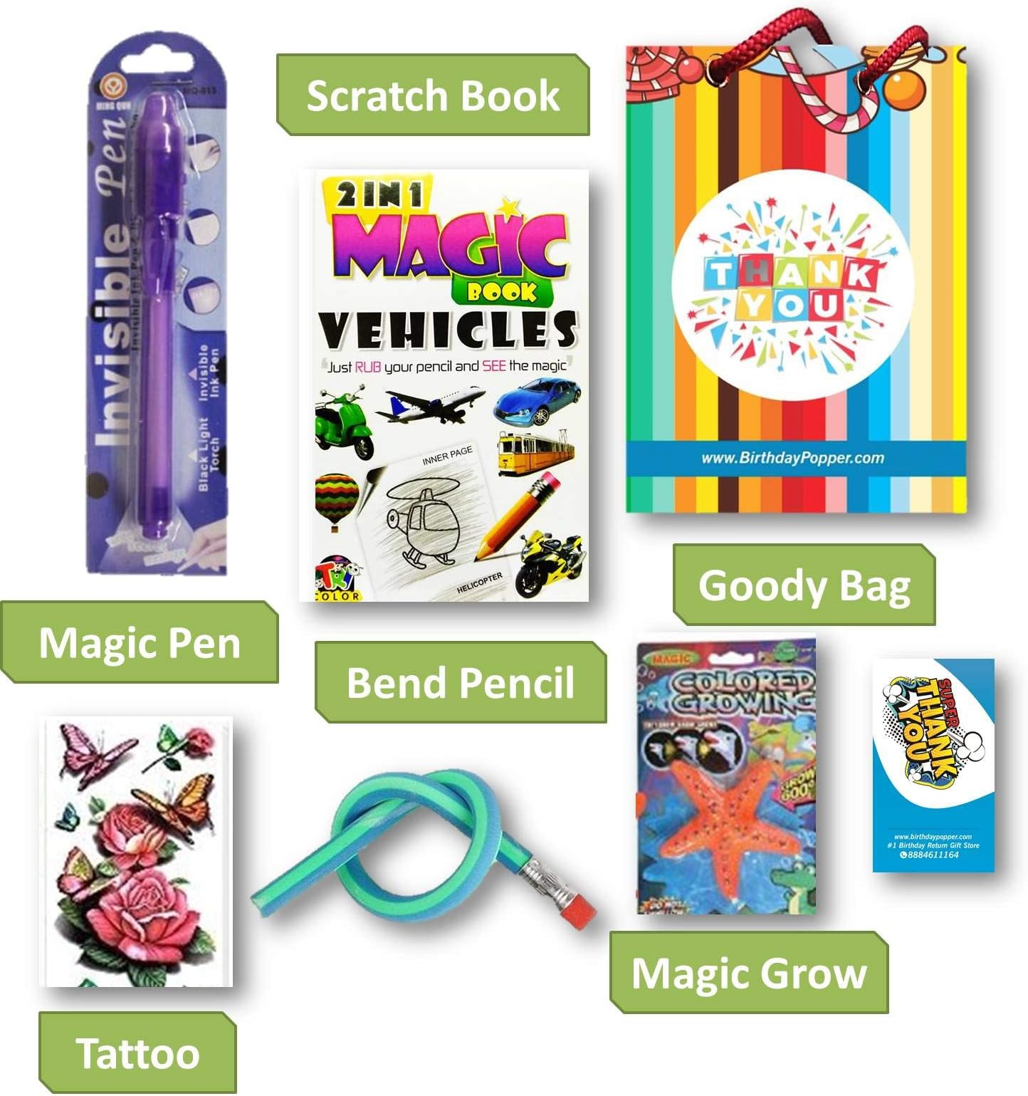 Birthday Popper Set of 10 Combo Packs with Goody Bag and Thank You Card (Magic Combo Pack)