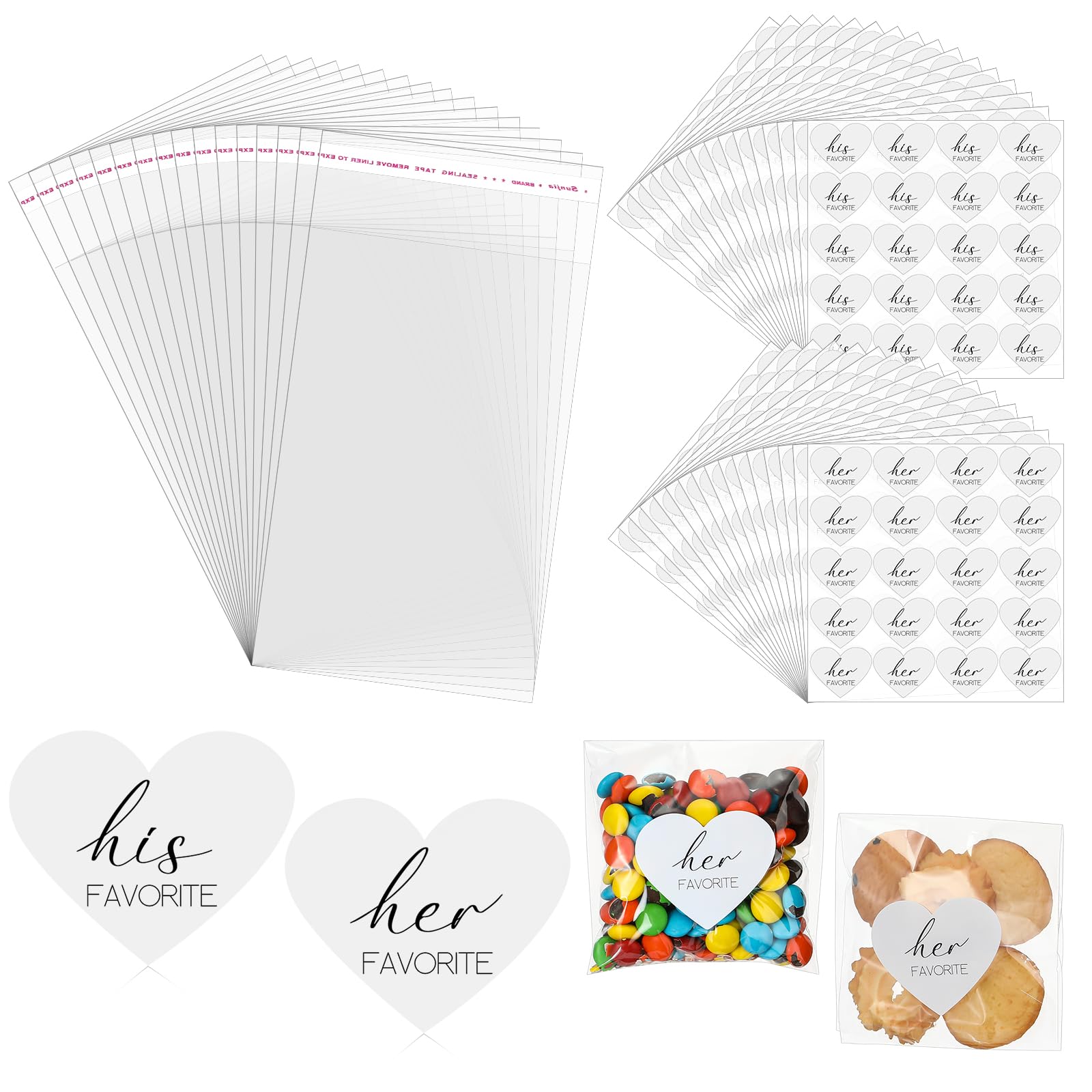 Photo 1 of Yexiya 200 Set His Her Favorite Stickers Candy Bags Wedding Favor Stickers 4x6 Inches Cellophane Bags That Seal Themselves for Wedding Favor Labels Guest Welcome Bag Stuffers Bulk(White,Classic Love)