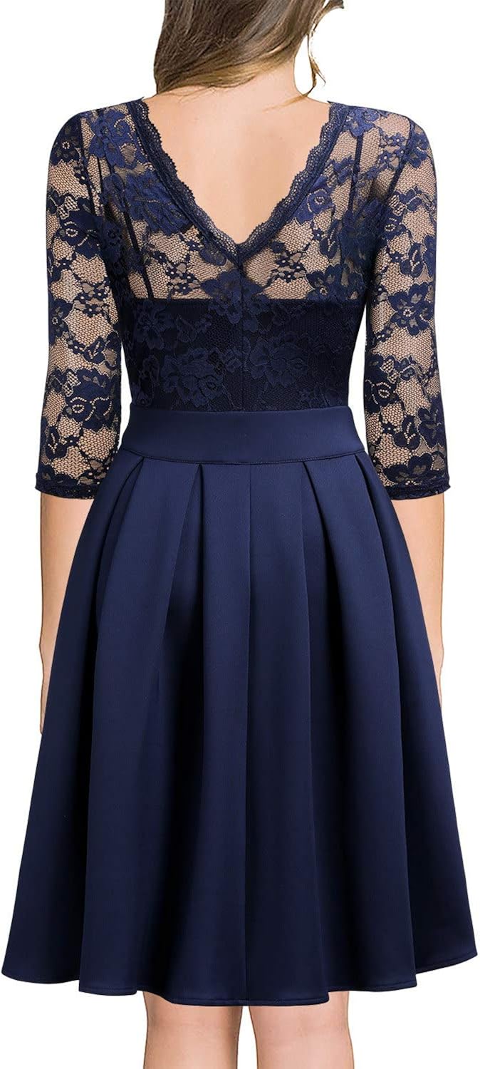 Miusol Women's Vintage Floral Lace 2/3 Sleeve Bridesmaid Party Dress: Clothing